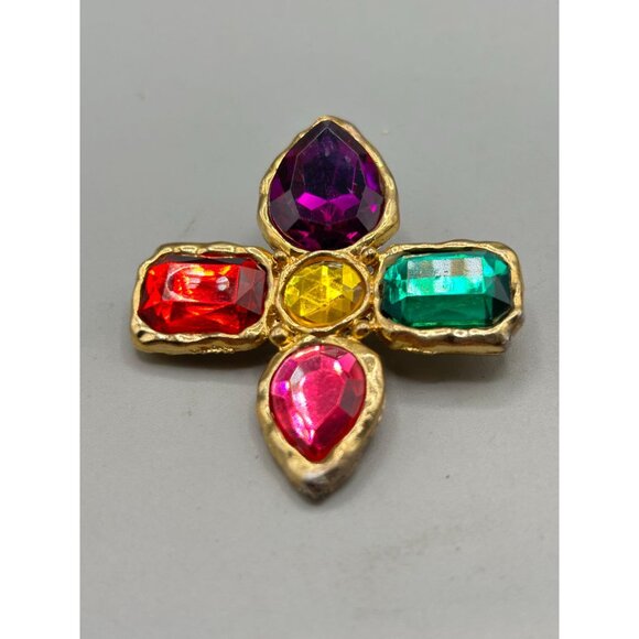Vtg 80s 90s Colorful Pin Brooch Jeweled Red Green Purple Pink Gold Tone Metal - Picture 3 of 9